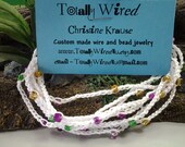 White Cotton and Assorted Mardi Gra Color Seed Bead Crochet Wrap Bracelet