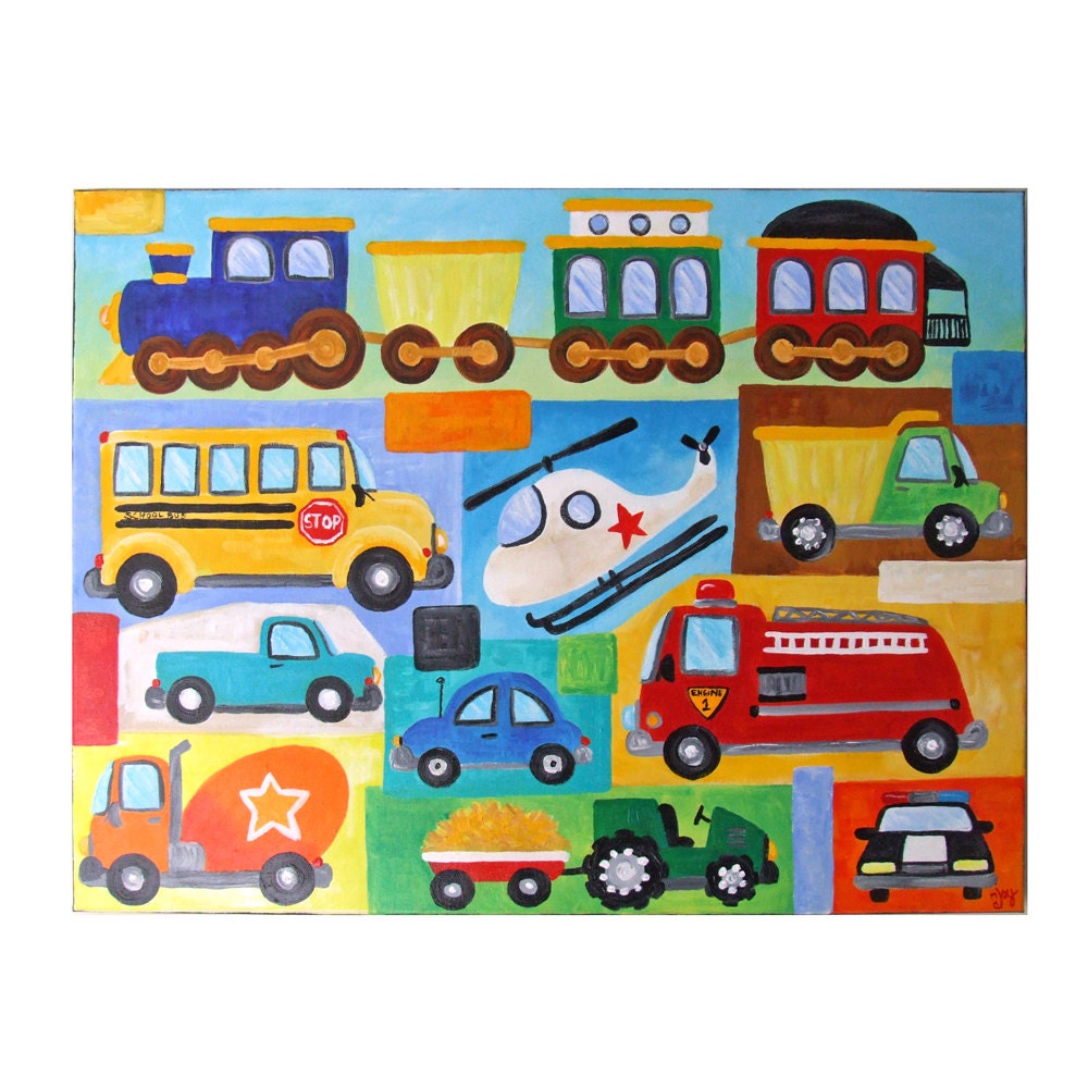 Custom Kids Wall Art, TRANSPORTATION COLLAGE, custom 24x18 canvas painting for boy room