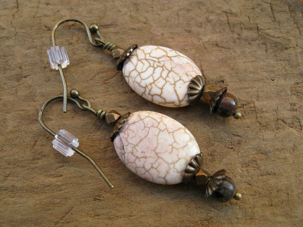 Magnesite Earrings, rustic white turquoise earrings with brass and brown jasper