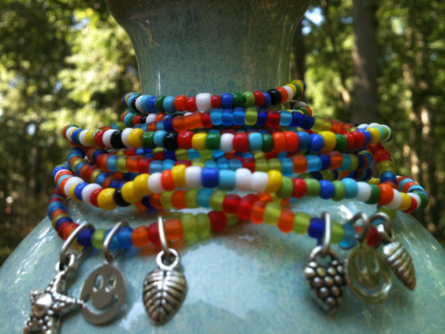 STUNNING BeAdEd STRETCHY Charm stacking bracelet Star / Leaf / Smiley Face Wrap 4 times doubles as Anklet