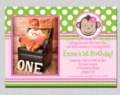 Monkey Birthday Invitation Monkey Birthday Party Invitation Pink and Green Printable Il_170x135