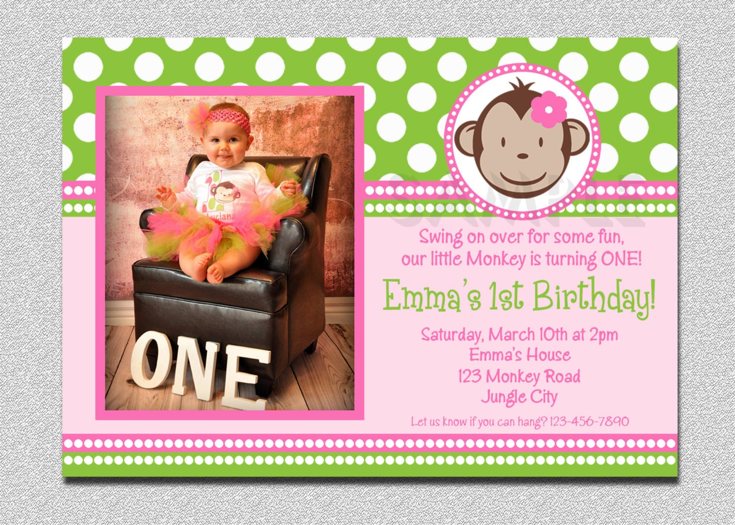 Monkey Birthday Invitation Monkey Birthday Party Invitation Pink and Green Printable Il_570xn