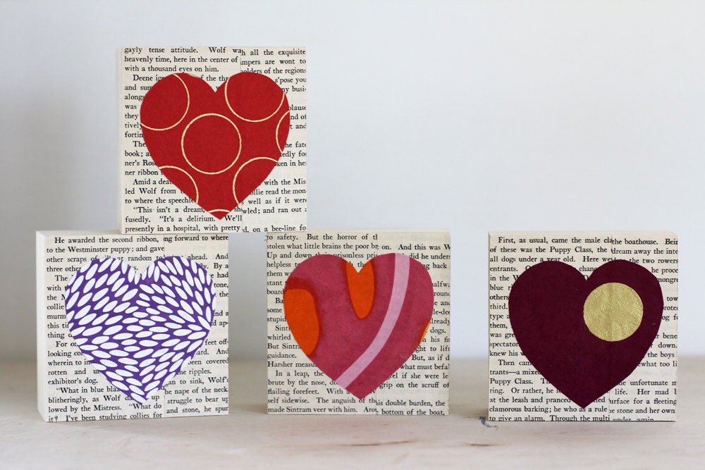 Reserve Listing for Megan, 4 Custom 4x4 Heart Collages in 4 Different Papers Over a Vintage Book Page Background