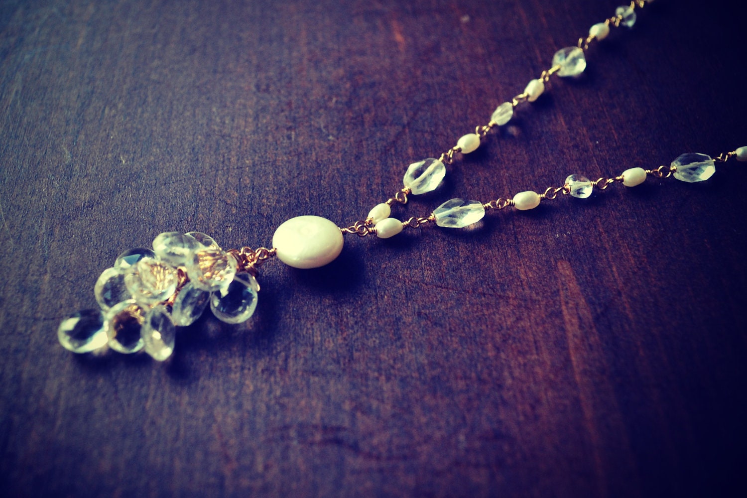 AURORA Elethyria Bridal Necklace in Crystal Quartz and Freshwater Pearl, Bride, Bridal Jewery, Waterfall Necklace