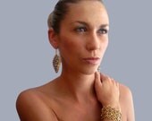 Gold Leaf Diamond Shaped Sparkling Topaz Crystal Statement Earrings