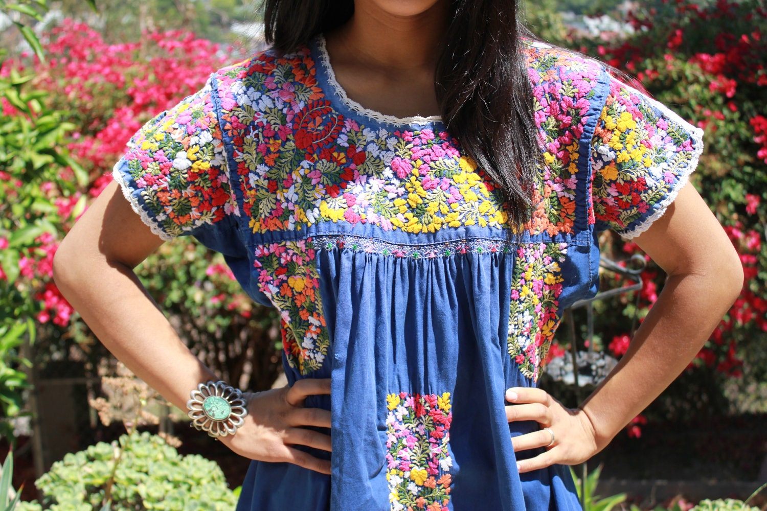 RESERVED for SUZY Pretty Gypsy Navy Blue Vintage Oaxacan Mini Dress Tunic Amazing Detail 1960s 1970s