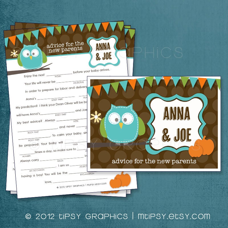 Pumpkin and Baby Owl Funny Advice & Well Wishes By Tipsy Graphics. Madlib. AdLib. Baby Wishes. Printable Cards, any Colors. Il_570xn