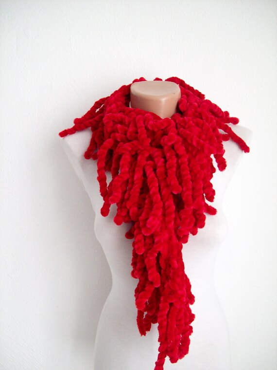 Red knit scarf soft velvet Fall Fashion Holiday by nurlu on Etsy