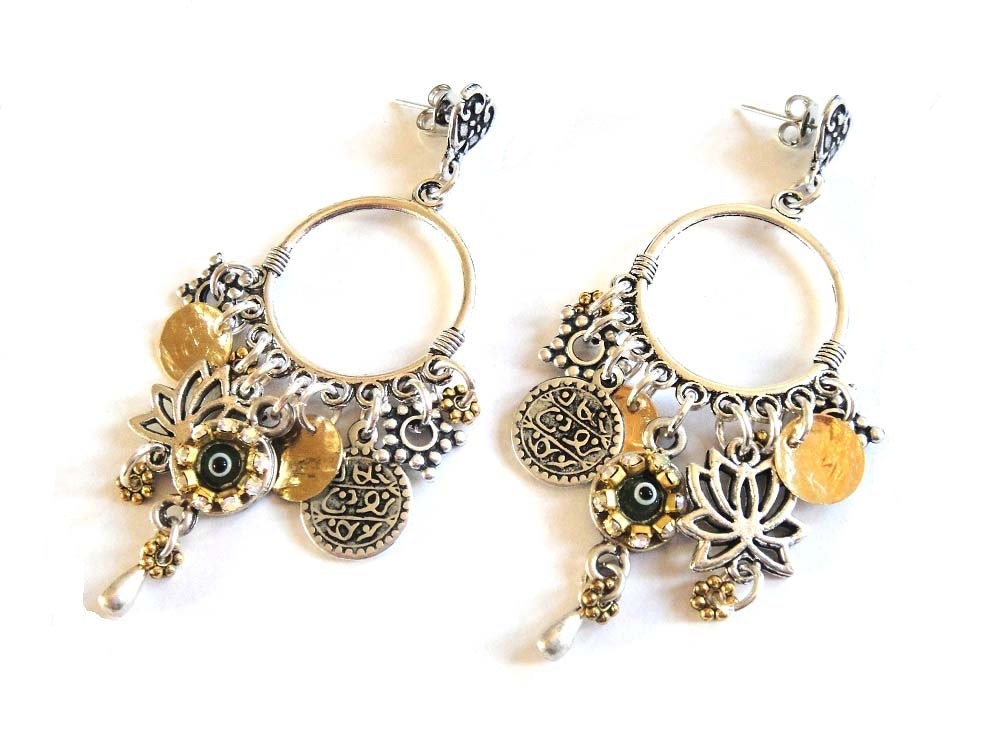 Multiple charms chandelier earrings - lucky evil eye jewelry - boho chic hippie earrings - charm earrings - evil eye earrings hoop earrings