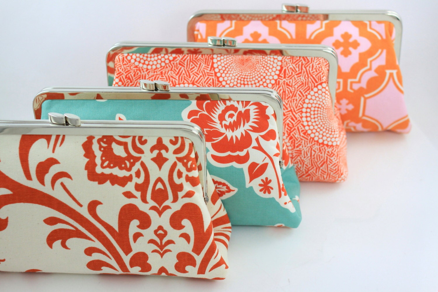Orange Color Scheme - 8 inches Bridal and Bridesmaid's Silver Frame Clutch - Set of 4