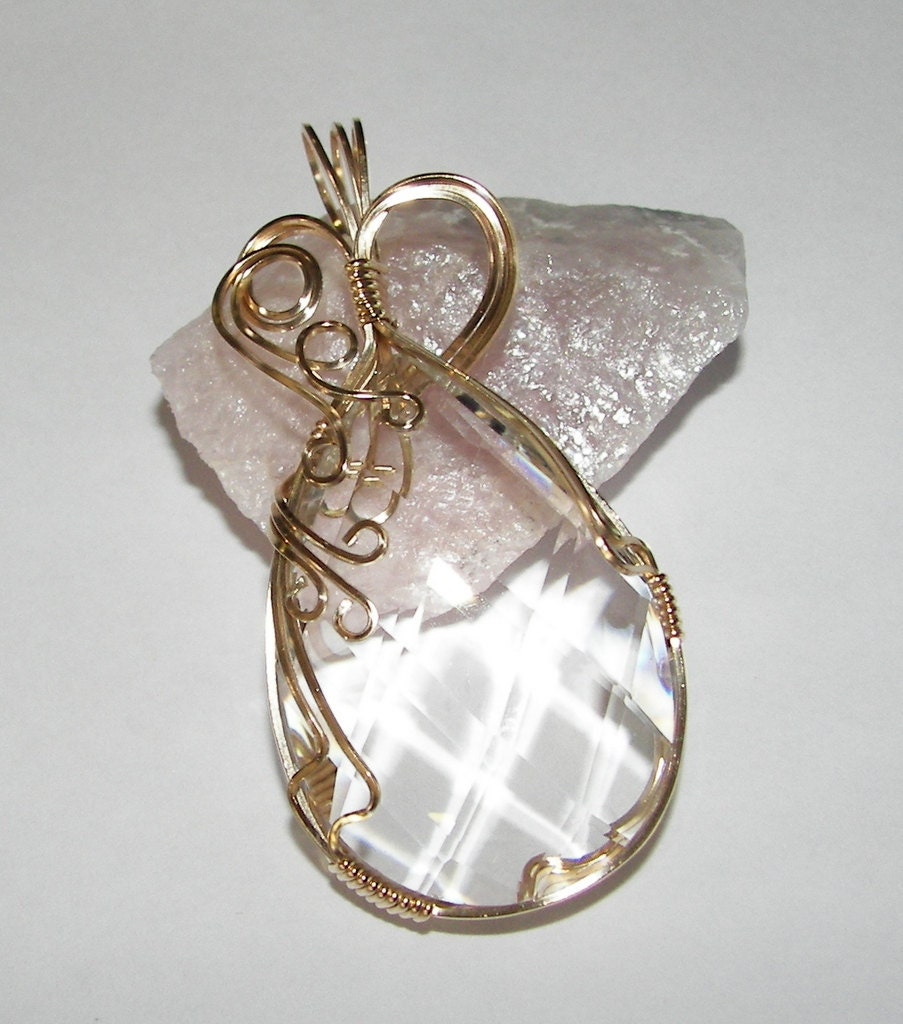 14K Wire Wrapped Faceted Fire and Ice Crystal Pendant