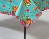 48x84 Rose and Grid Aqua Oilcloth Tablecloth