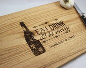 NEW Personalized, Wine Bottle & Eat, Drink and Be Merry Engraved Kitchen Wood Cutting Board -  Red Oak