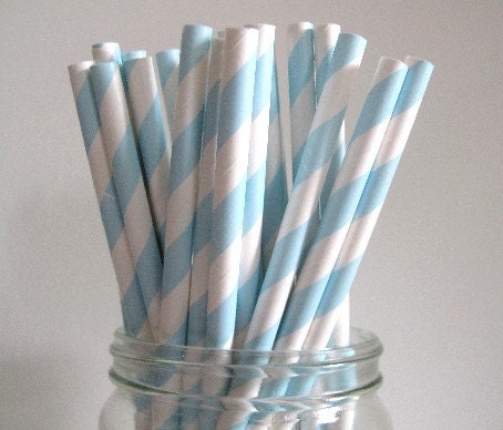 25 Sky Blue Striped Paper Straws w/ Printable DIY Flags / Wedding Birthday Baby Shower Party /  Cake Pops