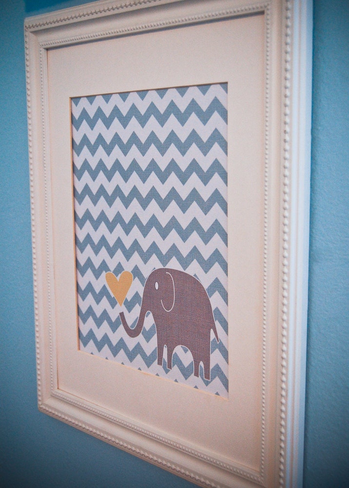 8x10 nursery print: blue chevron and grey elephant with heart