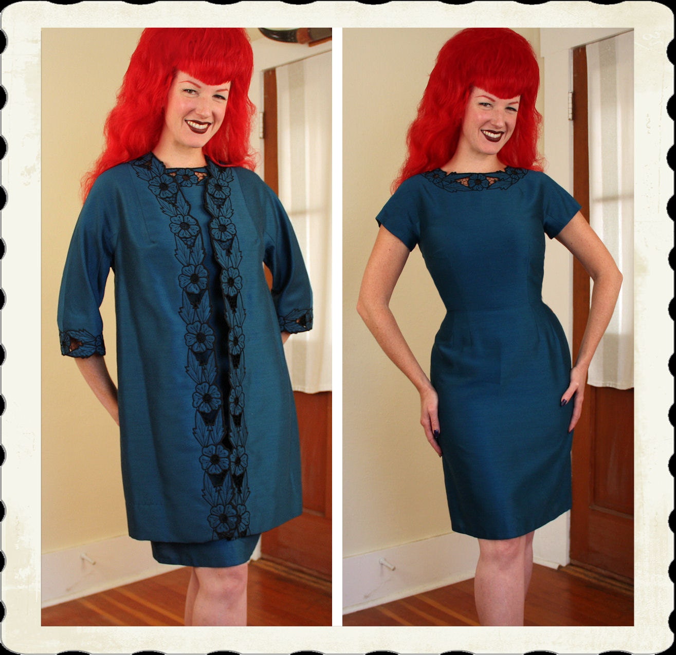 COUTURE Late 1950's Rich Ceylon Blue Silk 2 Piece Hourglass Cocktail Dress & Coat w Cut-Out Floral Details by Modesto - Hand Detail - Size M