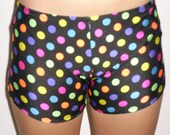 Spandex shorts in black with bright colored circles in any size