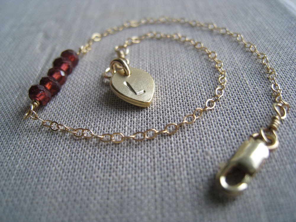 Birthstone initial bracelet, bridesmaid jewelry, personalized bracelet for weddings, garnet bracelet