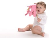 Baby fabric toy, felted toy, pink and white stripes bear - nukile Baby fabric toy, felted toy, pink and white stripes bear - nukile