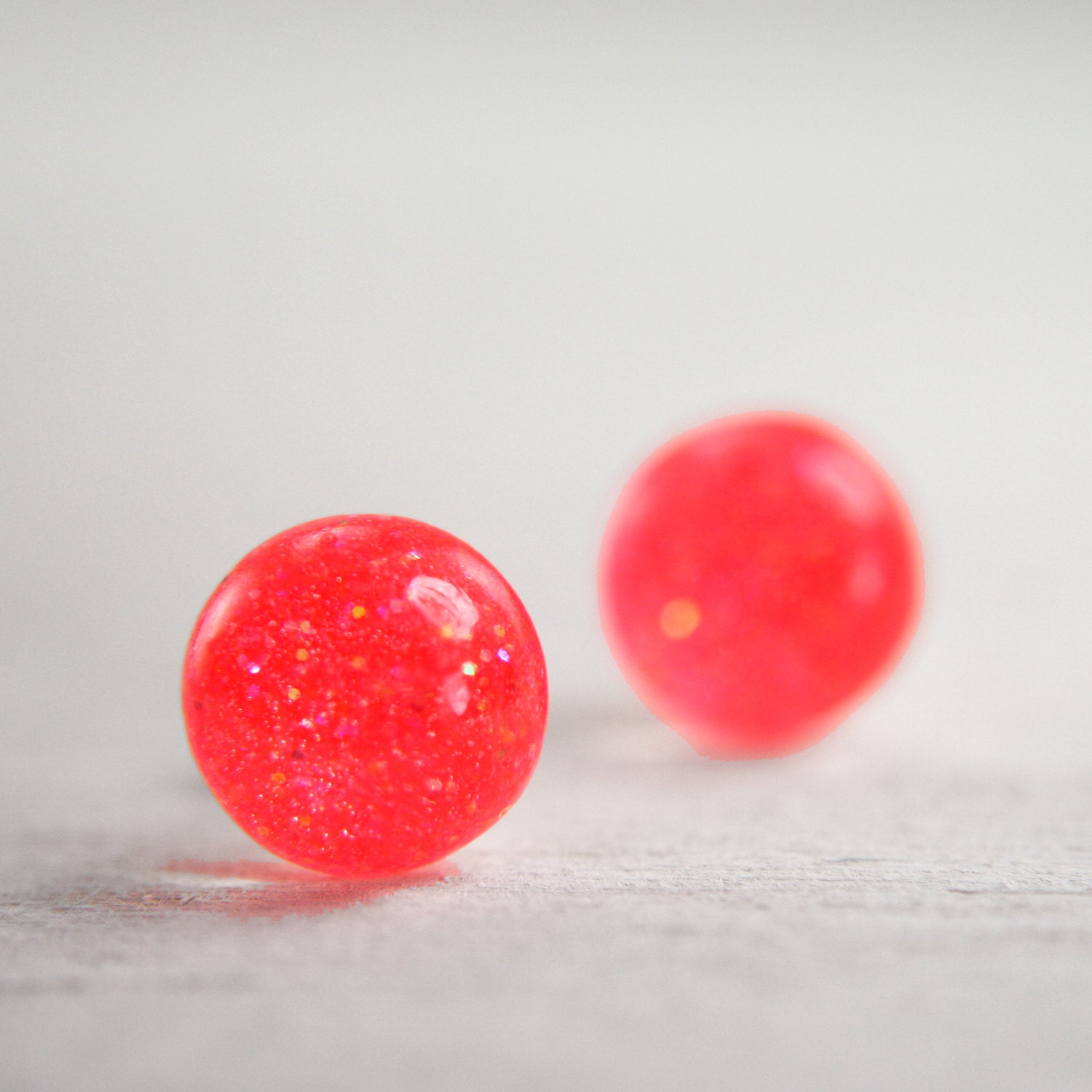 globe earrings in neon coral - 8mm round circle resin earrings glitter studs
