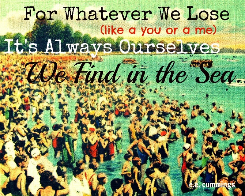 Beach Photography 11x14 Nostalgia vintage art deco aqua red beach crowd We find in the Sea Gifts for Her Inspiration Print Typography