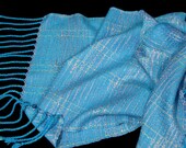 Turquoise Blue Woven Scarf with Lavender, Hand Weaving on a Loom