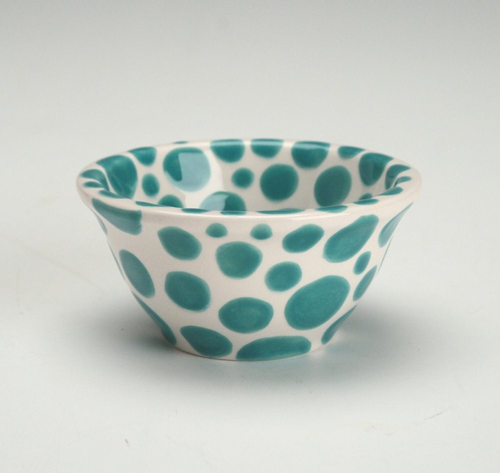 Teal Blue Polka Dot Bowl Small Hand Painted Dinnerware