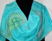 Hand Painted Silk Scarf Aqua Seagrass. Silk Scarf in Aqua, Lime and Silver Gray. Size 14x70. Made in Colorado. 100% silk. Made to order.