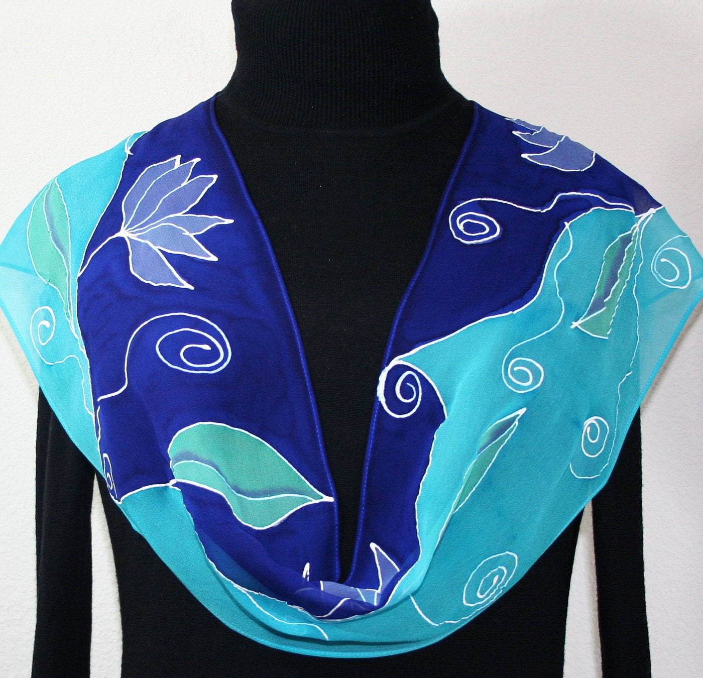 Hand Painted Silk Scarf Sea Garden. Scarf in Blue, Turquoise, Periwinkle. Size 8x52. Silk Scarves Colorado. 100% silk. MADE TO ORDER.
