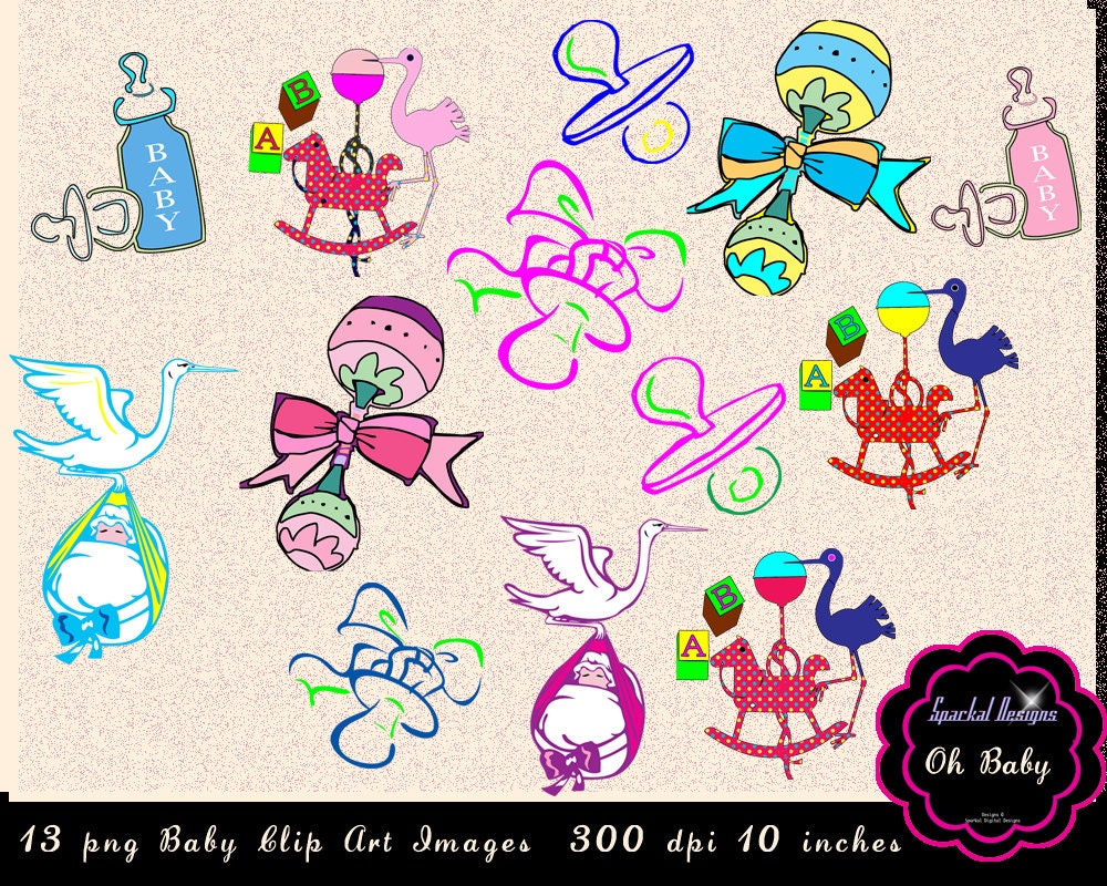 Nursery ClipArt Stork Clip Art Baby Rattle Rocking Horse clipart Baby Shower clipart shower Invitation Pacifier clipart instant download Il_570xn