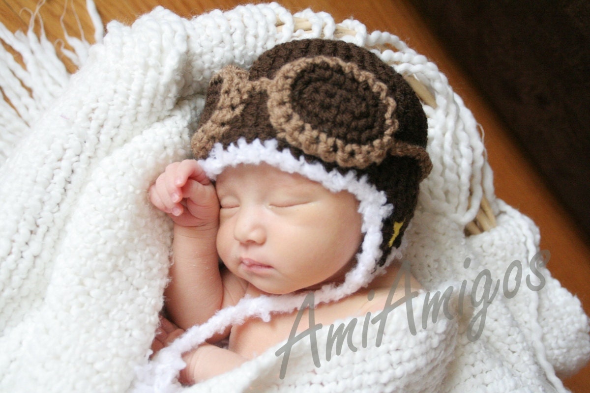 Crochet Dark Brown Aviator Hat (Newborn)