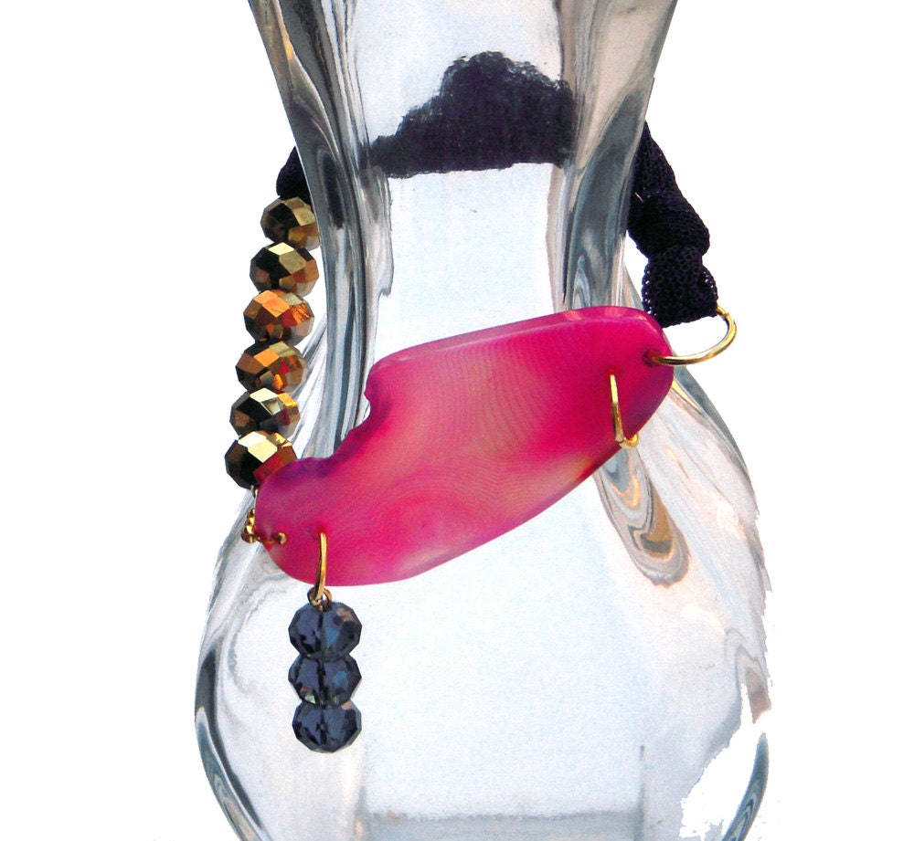 Fabric bracelet Bangle blue golden and pink with agate and charm for her - one of a kind - OOAK