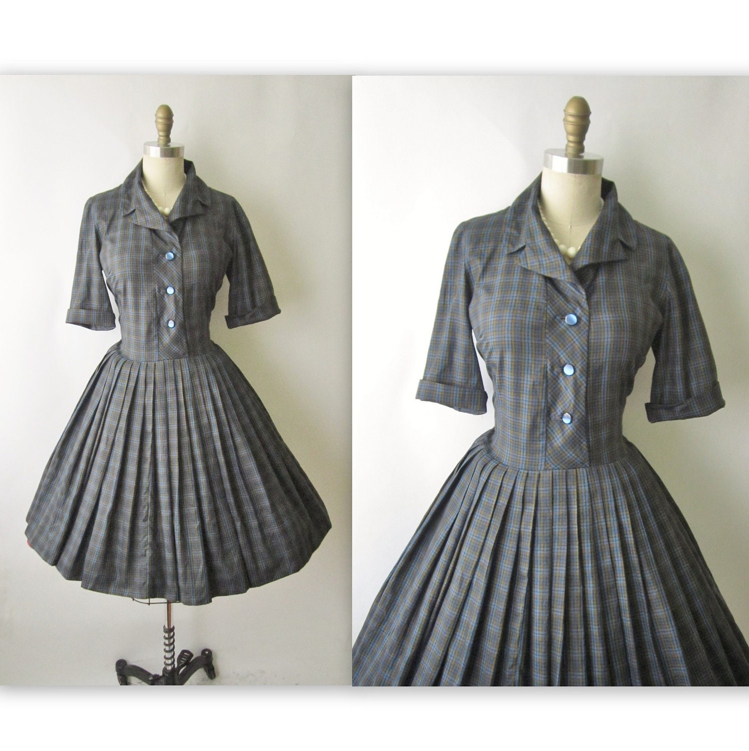 50's Plaid Dress // Vintage 1960's Blue Plaid Cotton Shirtwaist Casual Dress M