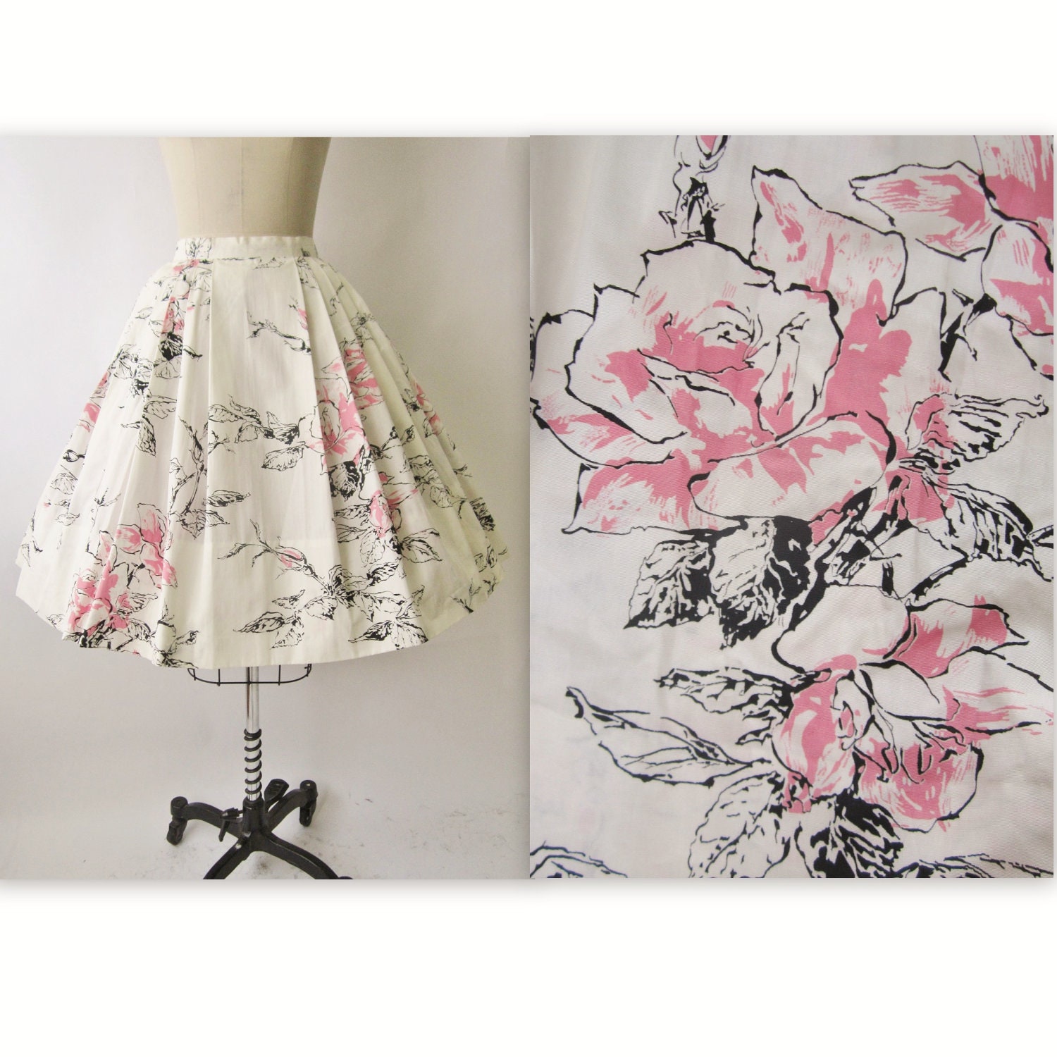 50's Floral Print Skirt // Vintage 1950's Floral Print Cotton Full Pleated Garden Party Skirt XS