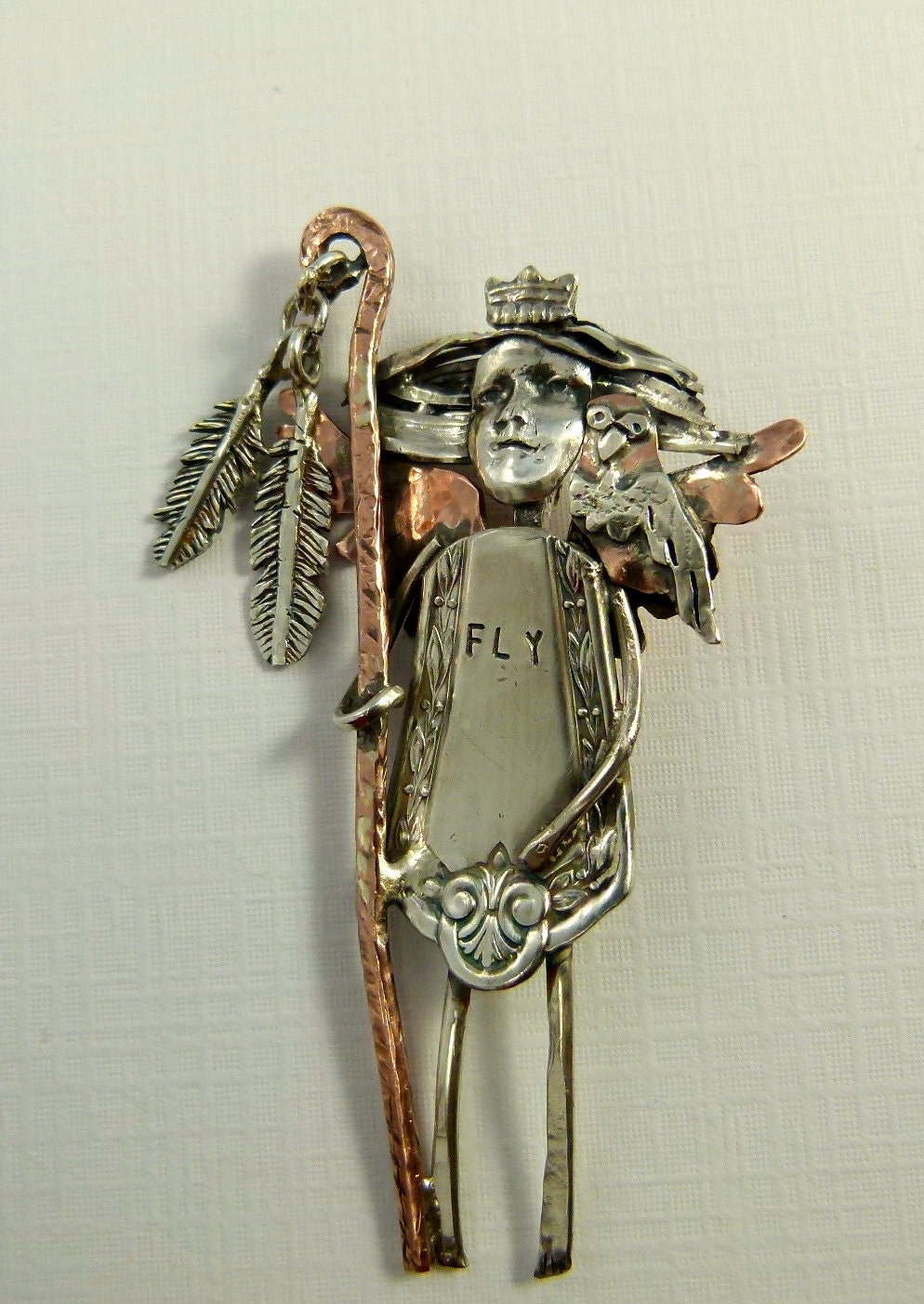 Angel Spruce Is On A Journey - Repurposed Sterling, Silverware, Copper, And PMC - Art Jewelry Pendant -826
