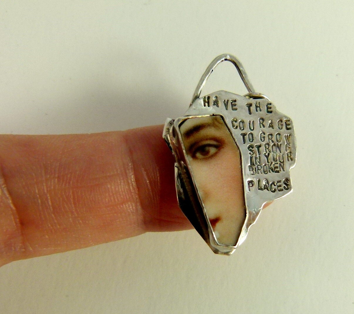 The Courage To Grow Strong - Repurposed Sterling And Broken Ceramic Plate - Art Jewelry Pendant - 857
