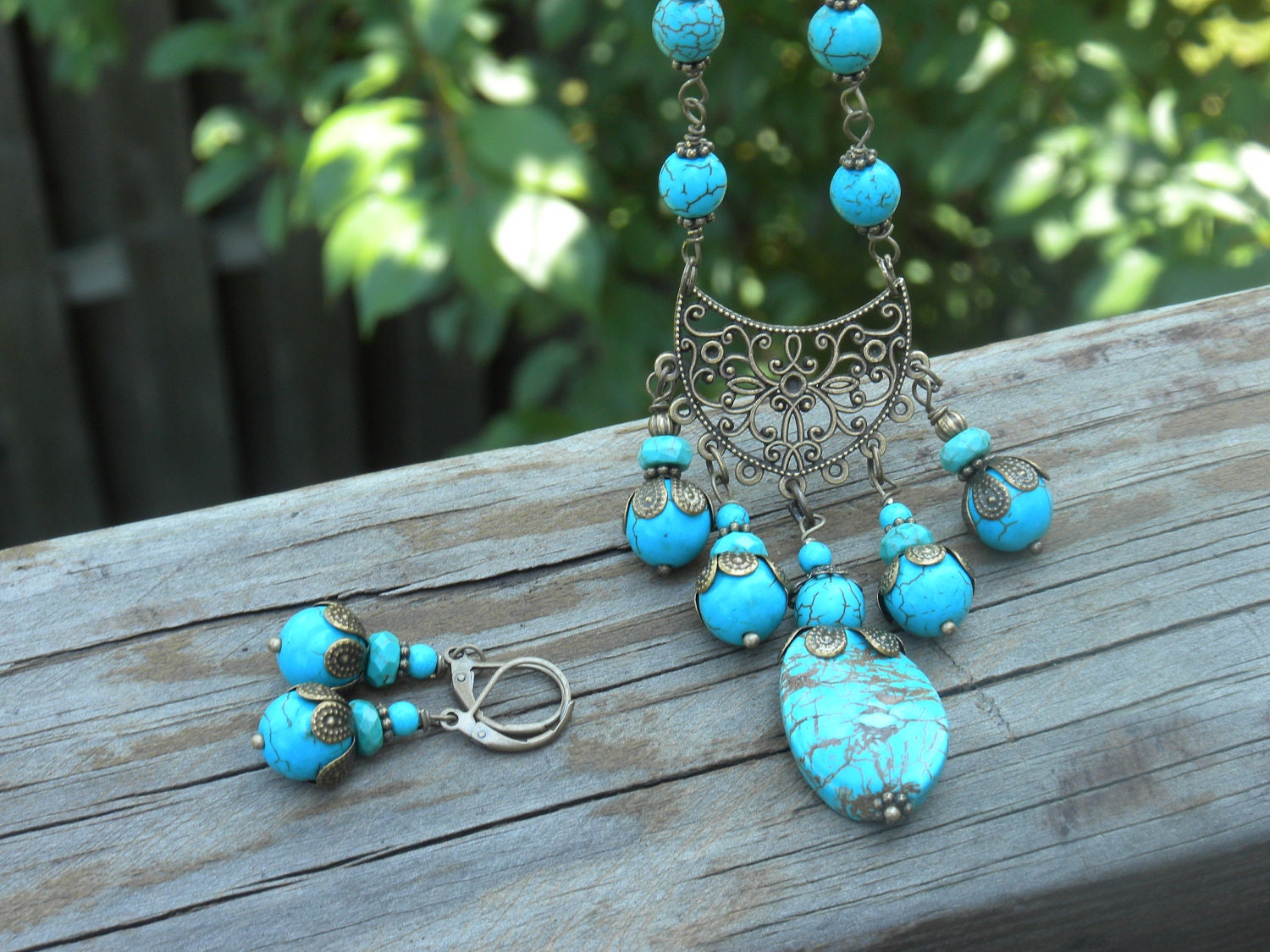 VINTAGE INSPIRED Set-blue turquoise, antique brass Bohemian jewelry, chain, vintage, gypsy style, necklace, earrings, handwired, gift idea