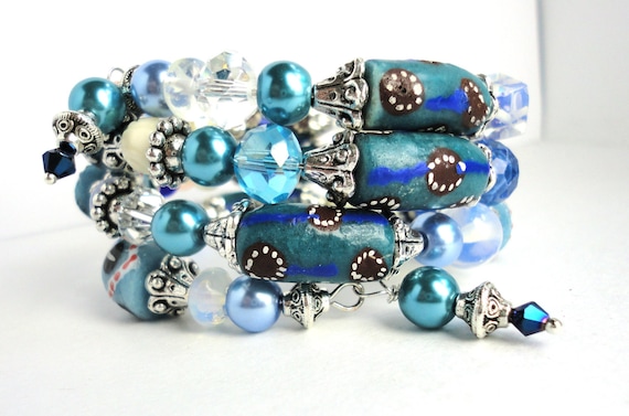 ICE TEAL TWISTER Bracelet- Featuring Handmade African Krobo Trade Beads, Moonstone and Silver