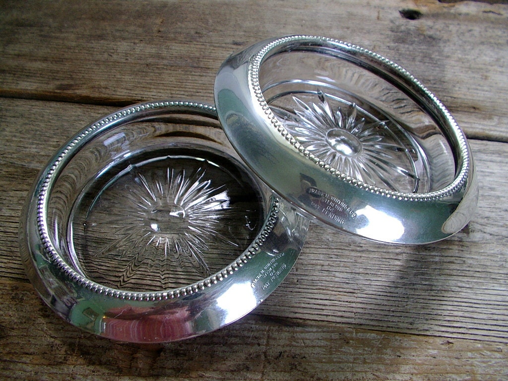 2 signed STERLING vintage 1950s drink beverage starburst glass MADMEN coasters WEDDING gift