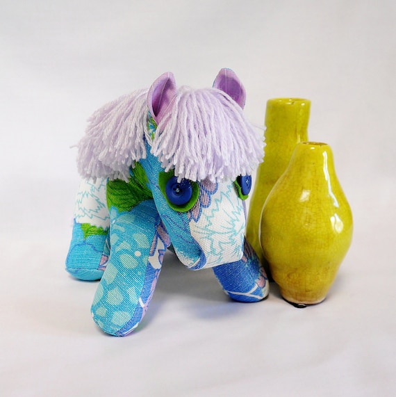 Retro Pony a horse crafted from 70s Floral Vintage fabric  - Blue / Lime/Lilac