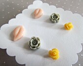 Flower post earrings - a set of three post earrings in pink leaves, soft marigold roses and gray flowers
