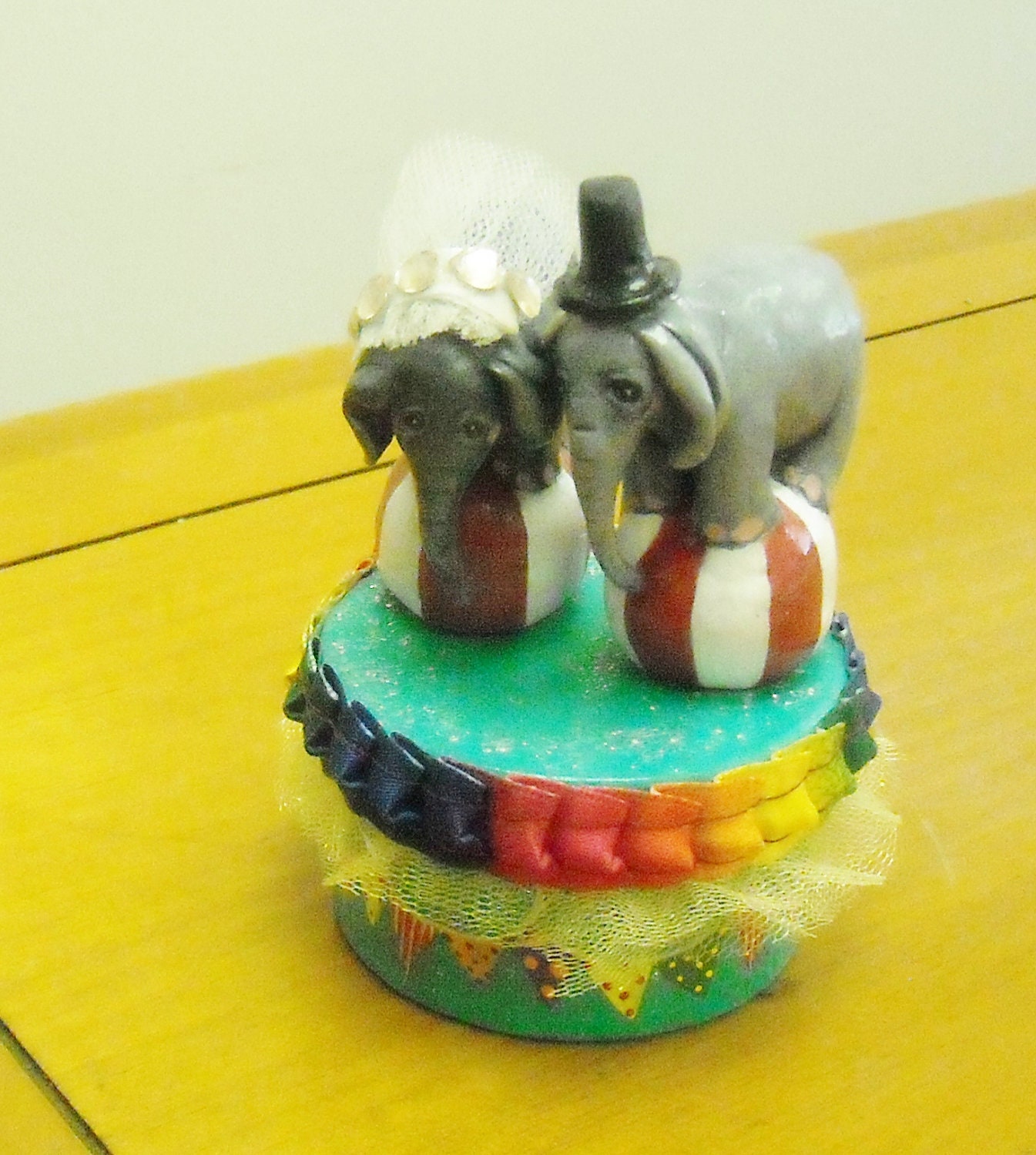 Mini Bride and Groom Baby Elephant on Ball and drum Cake Topper, keepsake.