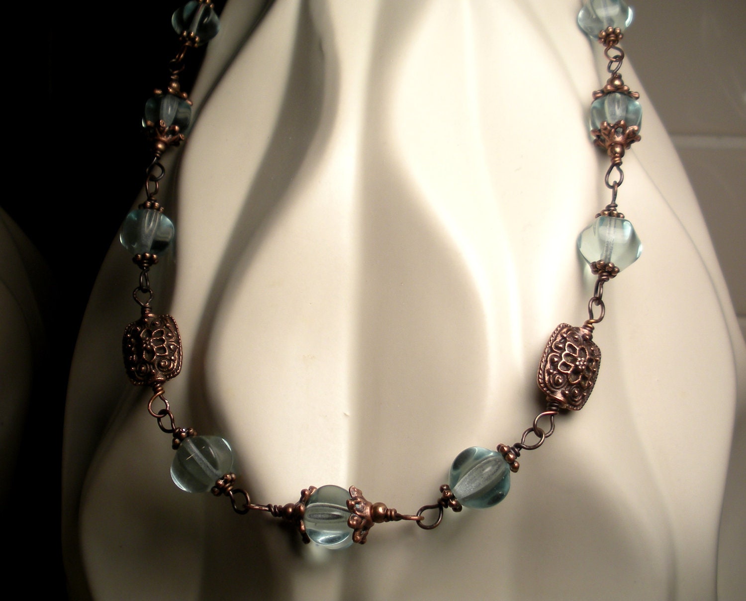 Aquamarine Pumpkin Glass Bead Tibetan Antique Copper Necklace