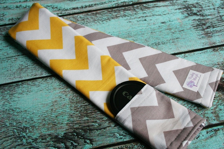 Reversible Camera Strap Cover with Lens Cap Pocket - Riley Blake Yellow and Gray Chevron - Designer Fabric