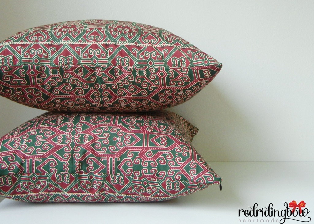 Borneo Tribal Batik Pillow Cover  Green,Maroon - Set of 2
