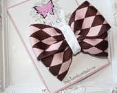 Pink Brown Diamond Butterfly Bow. Pink Burguny Double Layer Butterfly Ribbon Sculpture Clippie. Free Ship Promo.