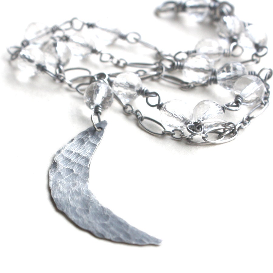 Clear Quartz Necklace Crystal Sterling Silver Moon Charm - Under the Milky Way - MagpiesTrick