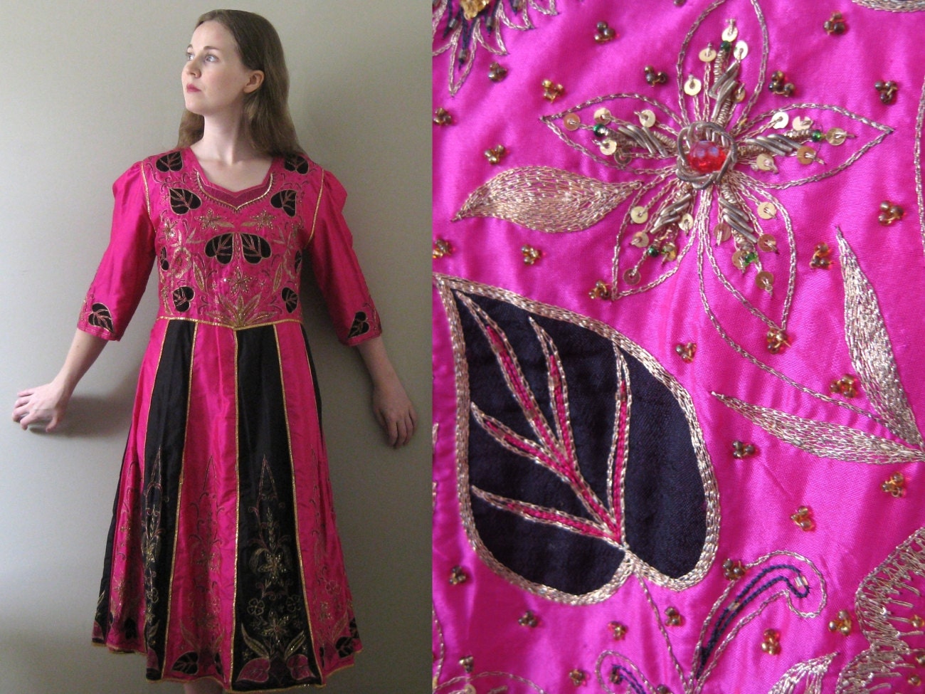 Vibrant Vintage 60s Boho Fuchsia Pink Silk Dress - Ethnic Tribal Hippie Bedouin Embroidered Hot Bright Magenta Black Satin Gold Applique