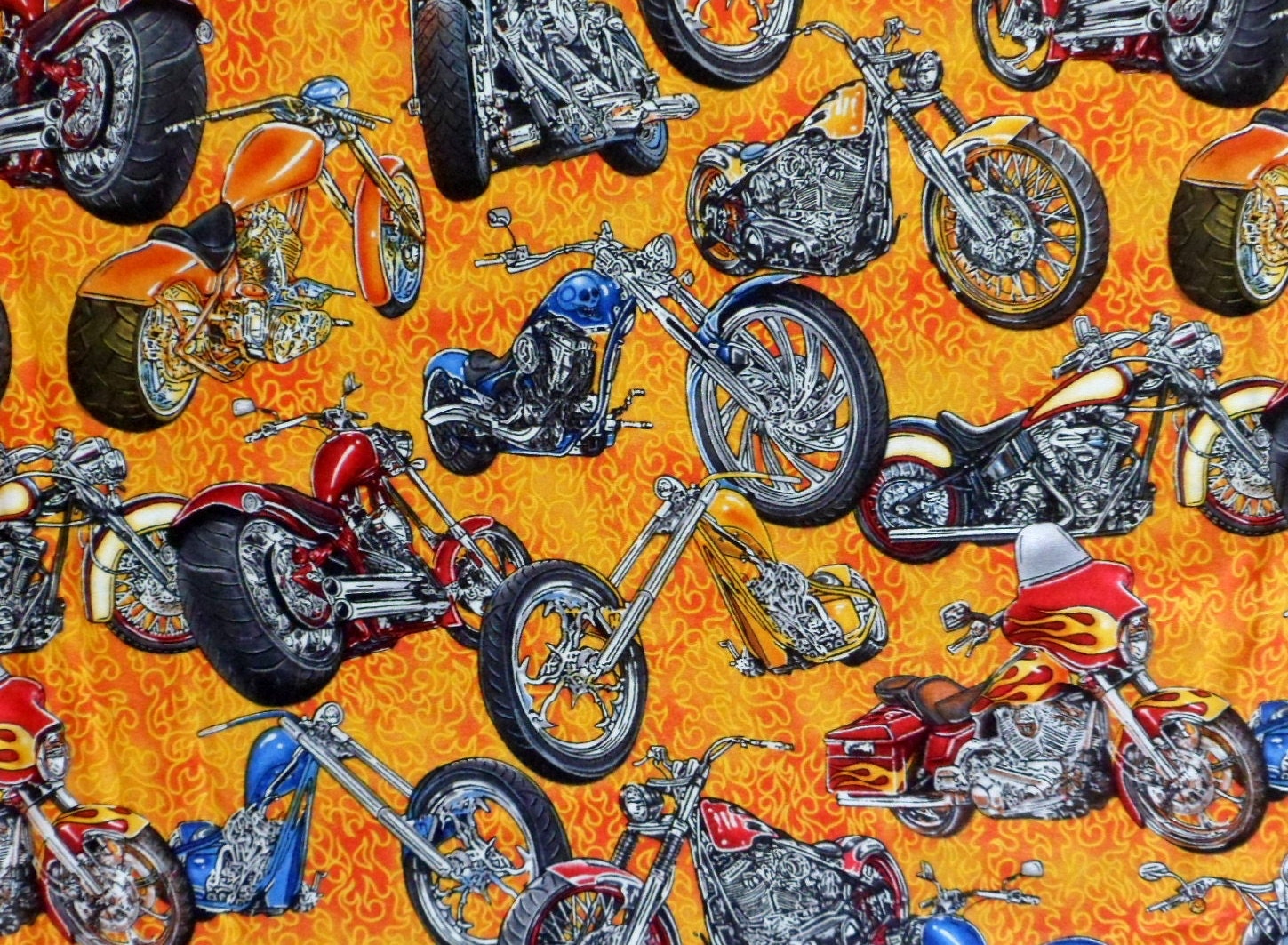 Motorcycle, Chopper, Biker Fabric, Rolling Thunder, RJR Cotton, by the yard, Harley colors