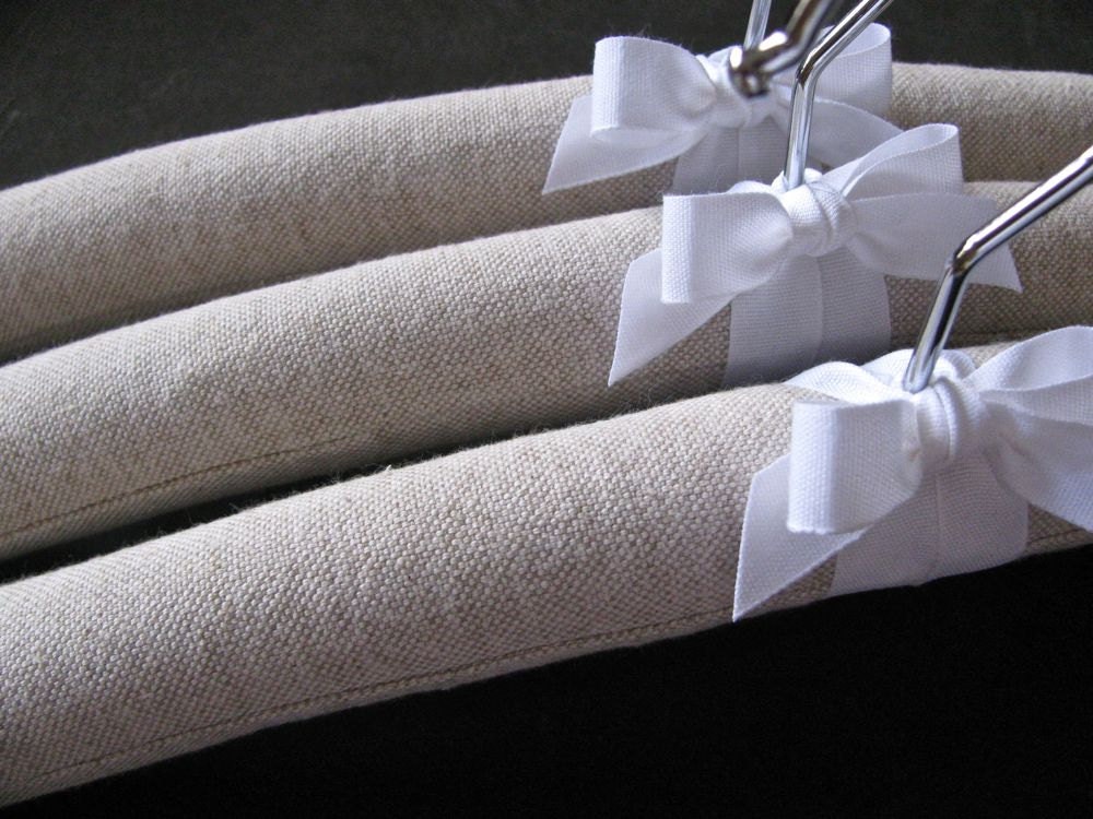 Linen Padded Hangers, Natural Homespun Linen Covers with White Organic Cotton Ribbon Accent (Set of 3)